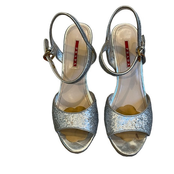 Prada Silver Glitter Cork Wedge Sandal, Sz 40 - Picture 2 of 16